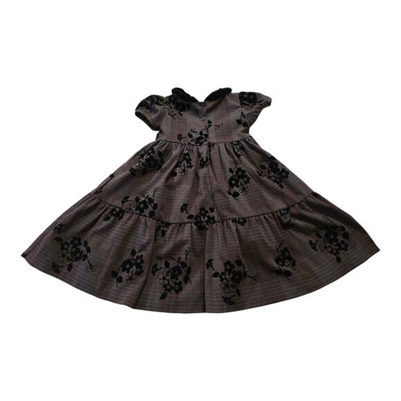 Laura Ashley London Girls Dress Size 4 Brown Plaid Black Velvet Collar & Flowers - Picture 2 of 7